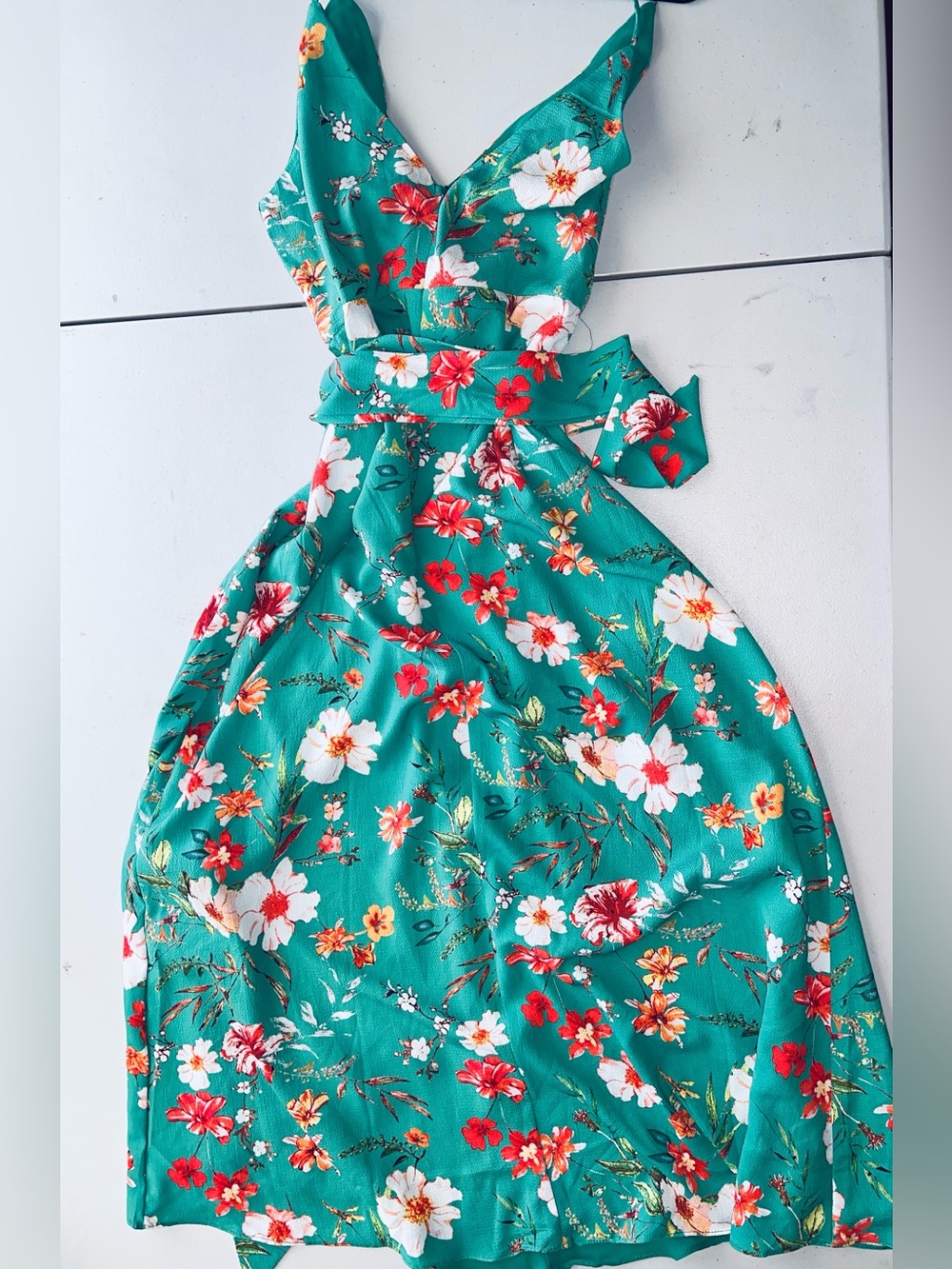 essue Teal Floral Maxi Dress with Spaghetti Straps